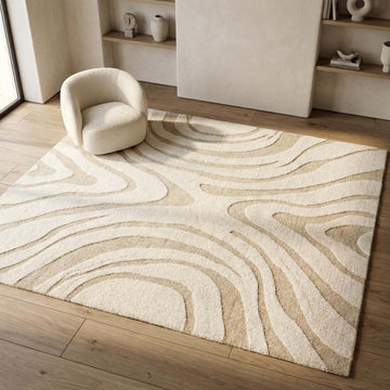 Translation missing: fr.Modern hand tufted wool rug with neutral wavy abstract design for cozy minimalist décor