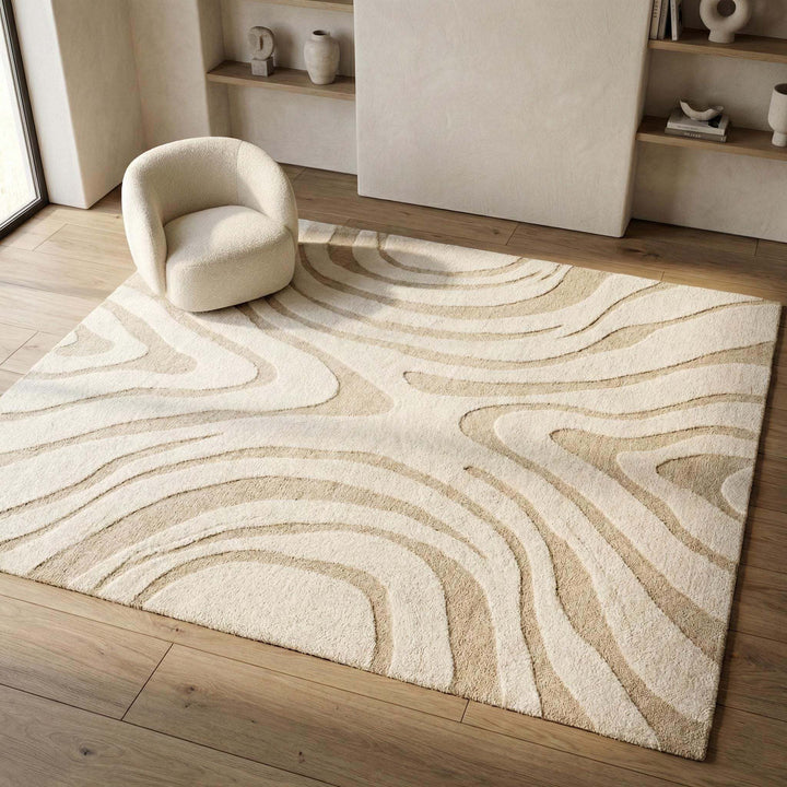 Translation missing: es.Modern hand tufted wool rug with neutral wavy abstract design for cozy minimalist décor