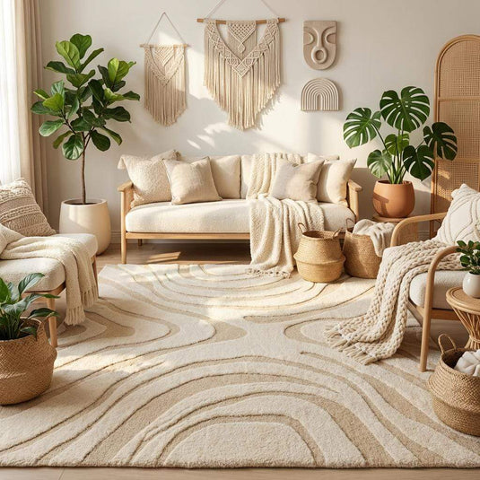 Translation missing: es.Plush wool tufted rug with ripple swirl contour lines, minimalist aesthetic room decor, soft cozy underfoot texture, ideal for spring home refresh and new home gift