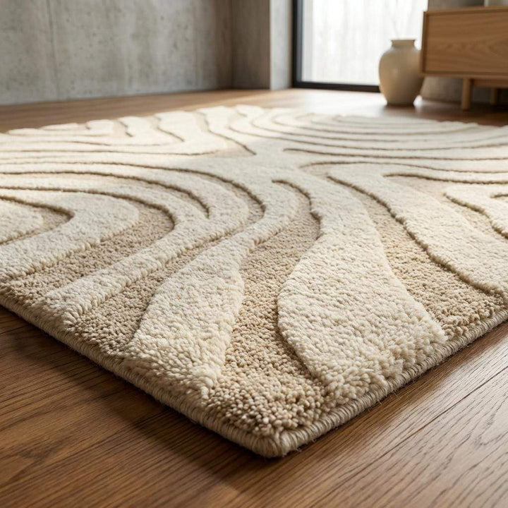 Translation missing: es.Modern Hand Tufted Wool Rug, Neutral Wavy Abstract Area Rug, Cozy Housewarming Gift