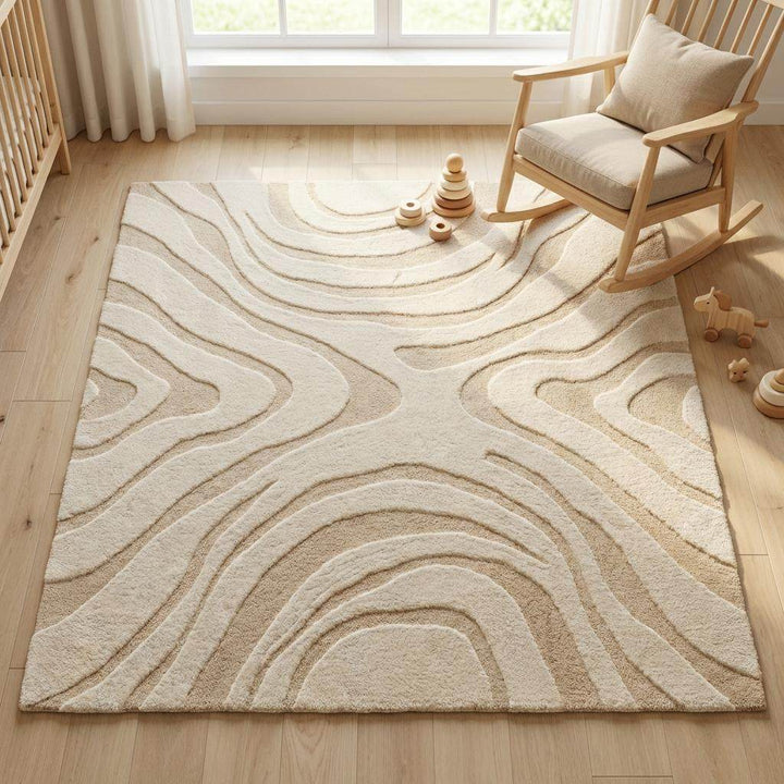 Translation missing: es.Modern organic wavy rug hand tufted wool, cream and sand color palette, statement minimalist floor decor for living room, bedroom, meditation room, cozy premium feel