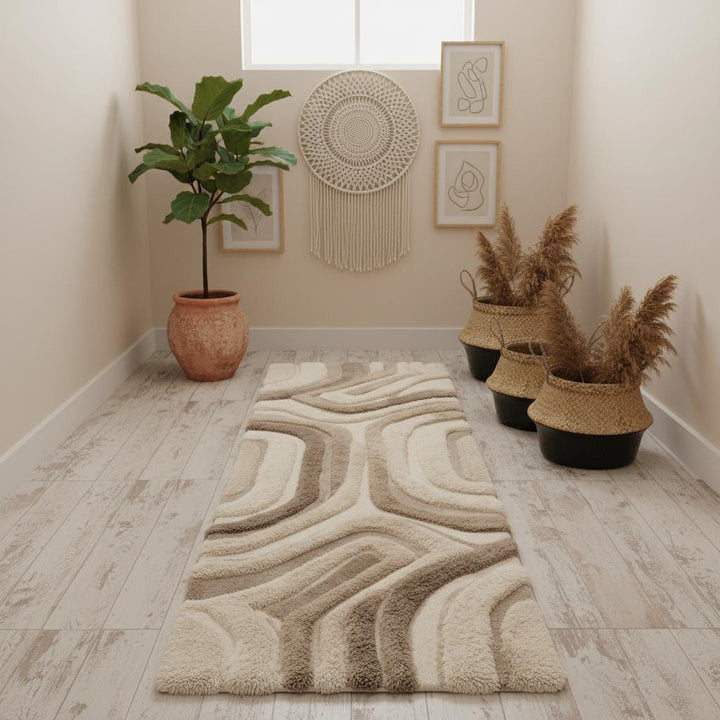 Translation missing: es.Neutral abstract runner rug styled in a modern kitchen with light wood flooring and minimalist cabinetry