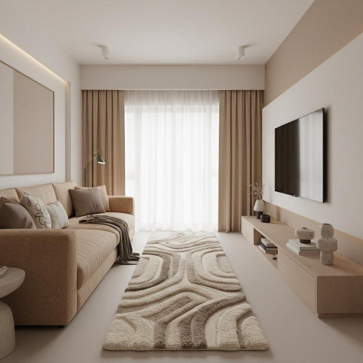 Translation missing: es.Abstract curved line pattern on modern runner rug with layered texture and tonal beige and ivory color blocking