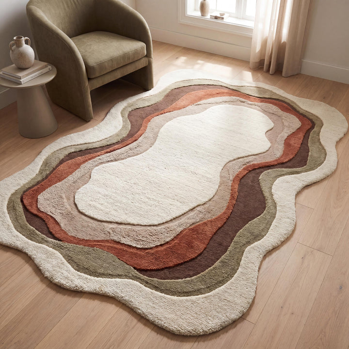 Translation missing: es.Handmade organic shape wool blend rug with layered abstract contour design in neutral earth tones for modern living room styling __etsy:7994270448