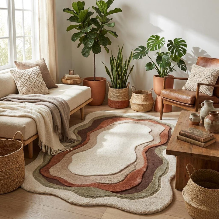 Translation missing: es.Neutral contemporary wool blend rug with earthy brown and terracotta accents for cozy bedroom or reading nook décor __etsy:7994270262