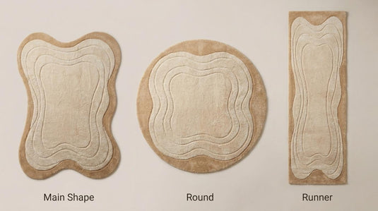 Translation missing: es.Neutral handmade rug available in rectangle, round, and runner hallway styles featuring organic layered abstract patterns __etsy:8026404434