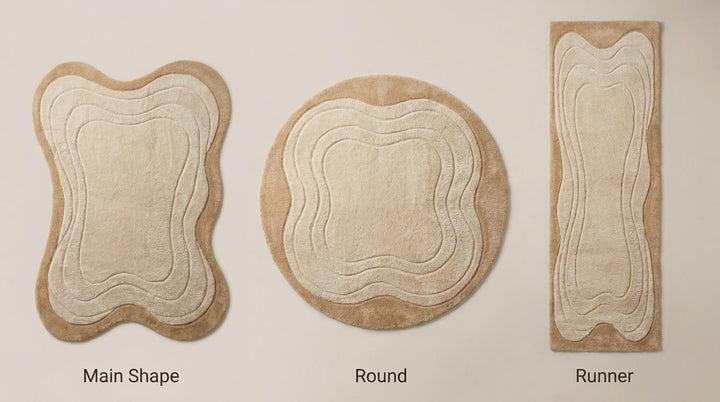 Translation missing: es.Neutral handmade rug available in rectangle, round, and runner hallway styles featuring organic layered abstract patterns __etsy:8026404434