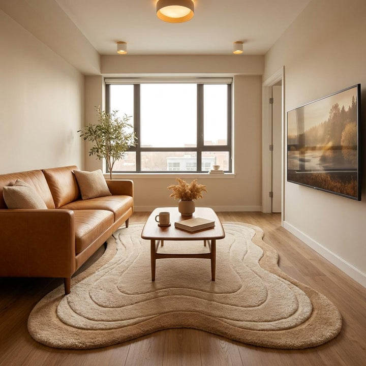 Translation missing: es.Minimalist sculpted area rug in cream and camel tones adding warmth and texture to Scandinavian-inspired interiors __etsy:8026404450