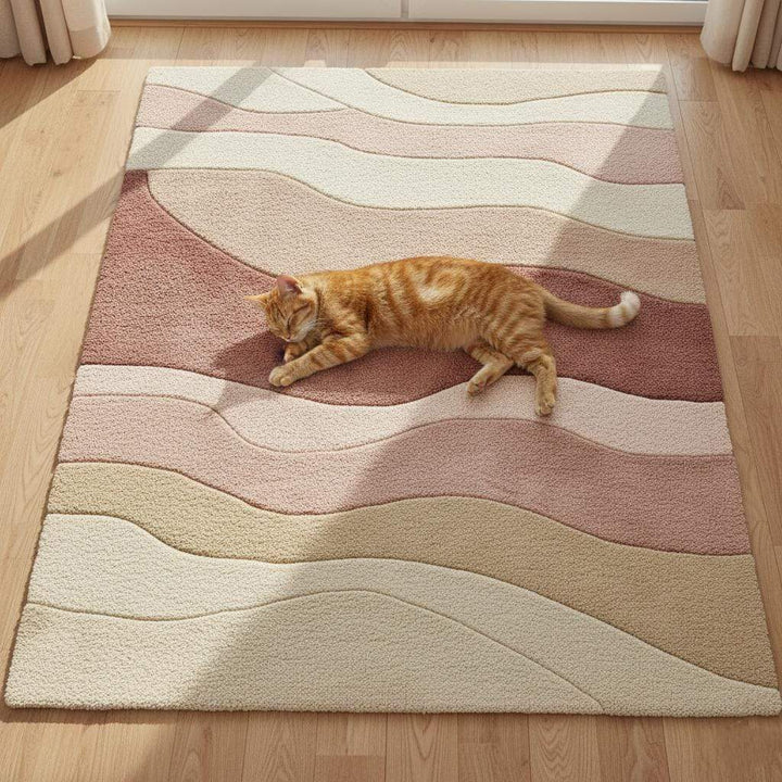 Translation missing: es.Scandinavian style living space featuring a blush pink and beige area rug on light wood floor near arched window