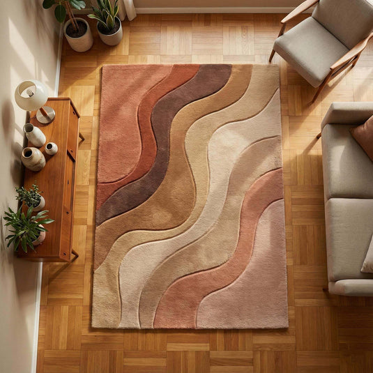 Translation missing: en.Modern wavy tufted area rug with warm earth tones and abstract mid-century design in living room