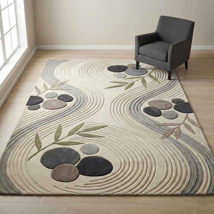Translation missing: en.Modern Zen area rug with neutral abstract stone pattern and soft textured design for minimalist Japandi living room decor