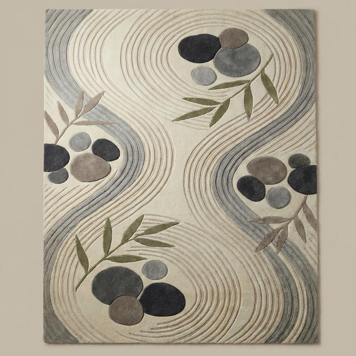 Translation missing: en.Top-down view of neutral Japandi rug with flowing lines, pebble shapes, and botanical accents in cream, gray, and sage tones