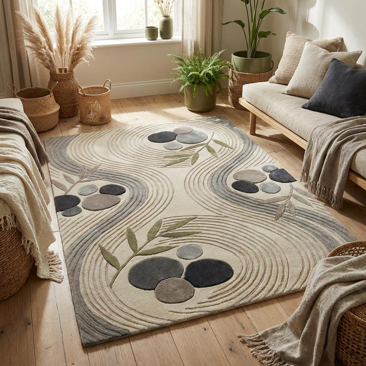Translation missing: en.Neutral abstract area rug in contemporary living room setup creating calm spa-like atmosphere with modern furniture