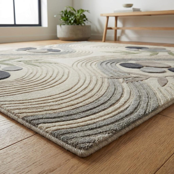 Translation missing: en.Detailed view of rug corner showing carved texture, smooth edges, and layered pattern depth in modern minimalist carpet