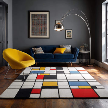 Translation missing: es.Mondrian inspired geometric wool rug with bold red, yellow, blue, black, and white color blocks, hand-tufted for modern home décor