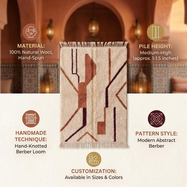 Translation missing: es.Moroccan Abstract Rug Ivory Plush Pile with Rust Terracotta Tribal Lines Boho Decor