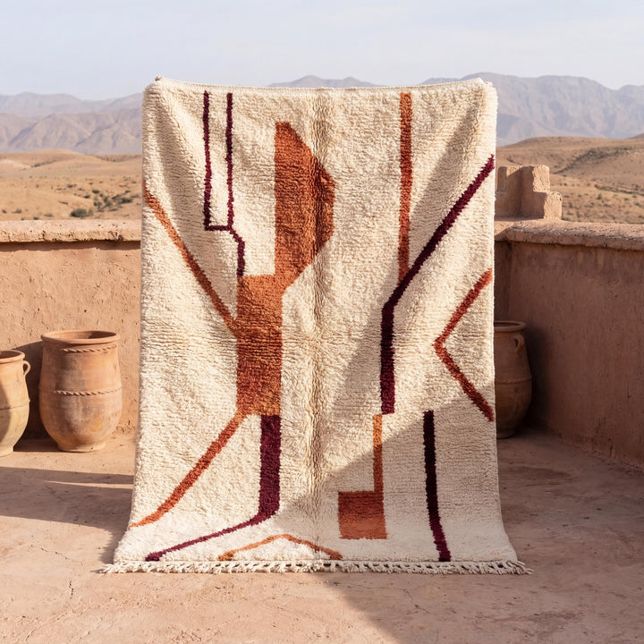 Translation missing: es.Moroccan abstract rug with ivory plush pile and rust terracotta tribal lines
