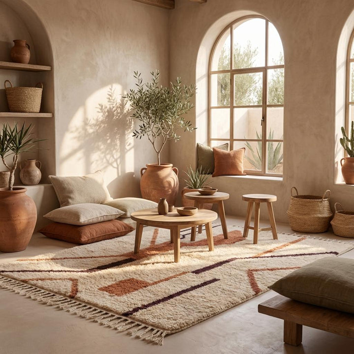 Translation missing: es.Abstract Moroccan tribal line design on neutral ivory rug surface