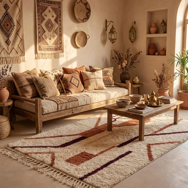 Translation missing: es.Decorative fringe edge detail on textured tribal style rug