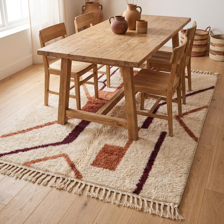 Translation missing: es.Moroccan Abstract Rug Ivory Plush Pile with Rust Terracotta Tribal Lines Boho Decor