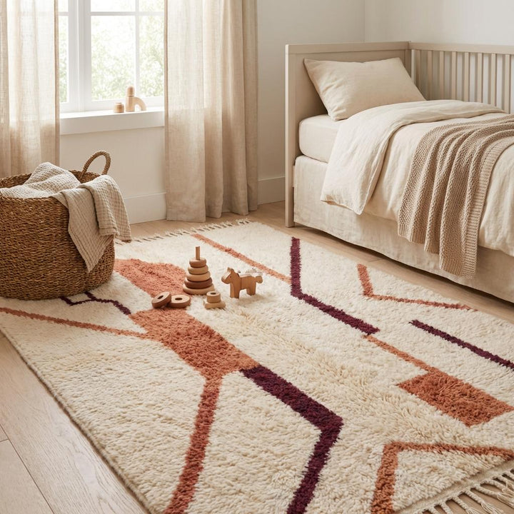Translation missing: es.Ivory plush rug with burgundy and terracotta abstract geometric lines