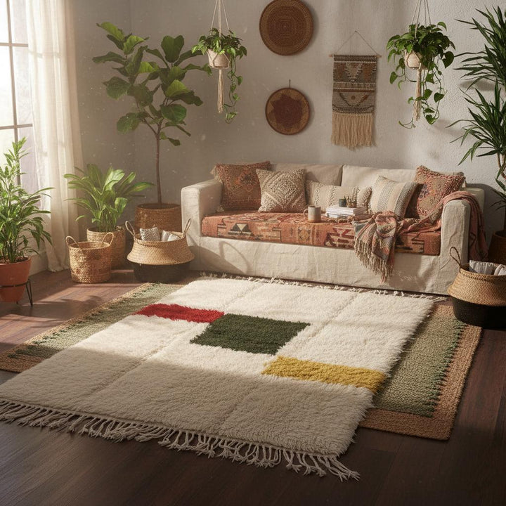 Translation missing: es.Moroccan Beni Ourain Wool Rug – Ivory Shag with Abstract Color Blocks