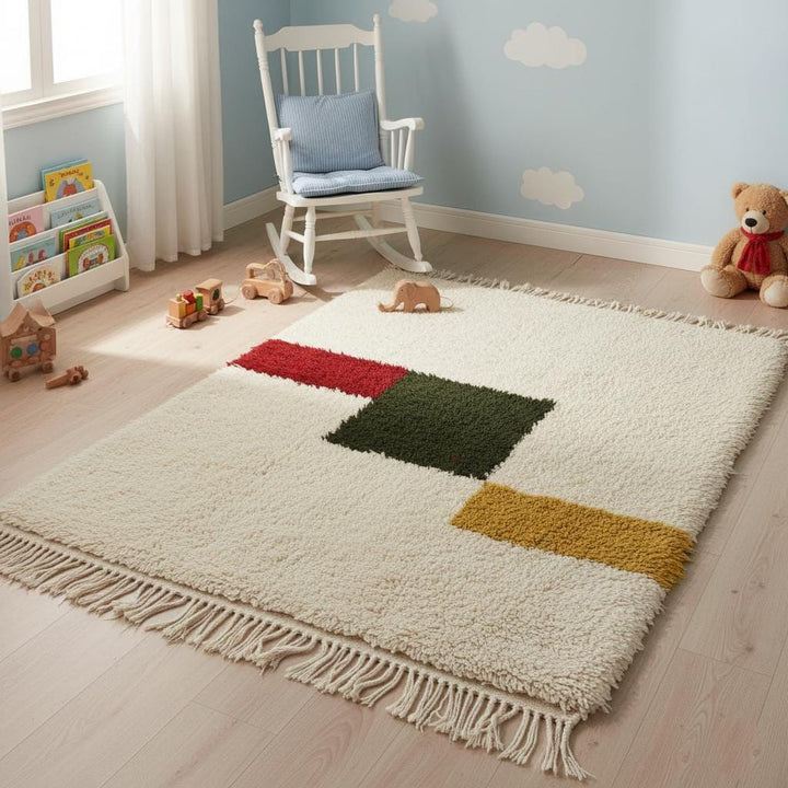 Translation missing: es.Moroccan Beni Ourain Wool Rug – Ivory Shag with Abstract Color Blocks