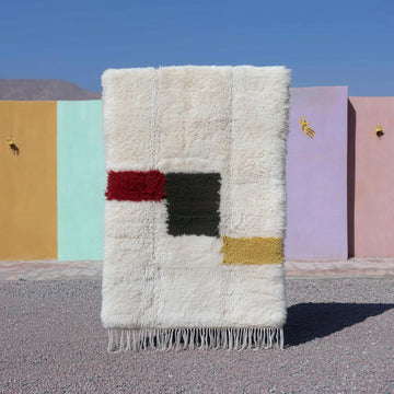 Translation missing: en.Moroccan Beni Ourain ivory wool rug with abstract color blocks and plush shaggy texture