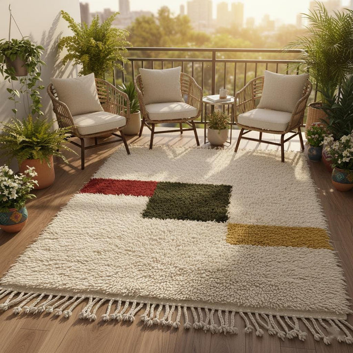 Translation missing: es.Lifestyle photo of the wool shag rug styled in a minimalist living room setting with Mid-Century Modern furniture for buyer intent