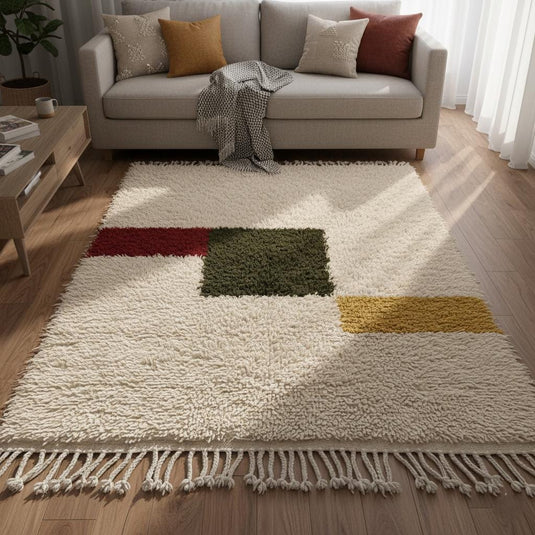 Translation missing: es.Detail of the rug's fringe and edges, emphasizing the authentic, natural finish of this handmade artisan wool carpet