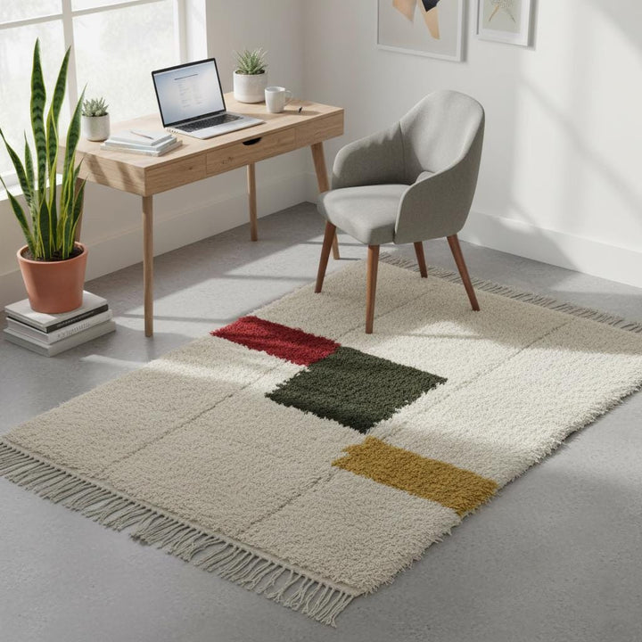 Translation missing: es.Moroccan Beni Ourain Wool Rug – Ivory Shag with Abstract Color Blocks