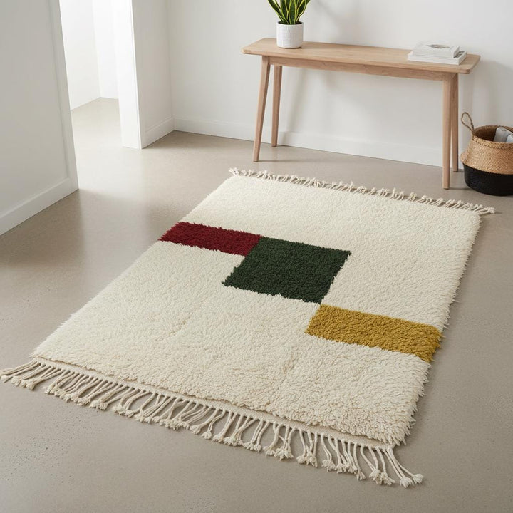 Translation missing: es.Moroccan Beni Ourain Wool Rug – Ivory Shag with Abstract Color Blocks