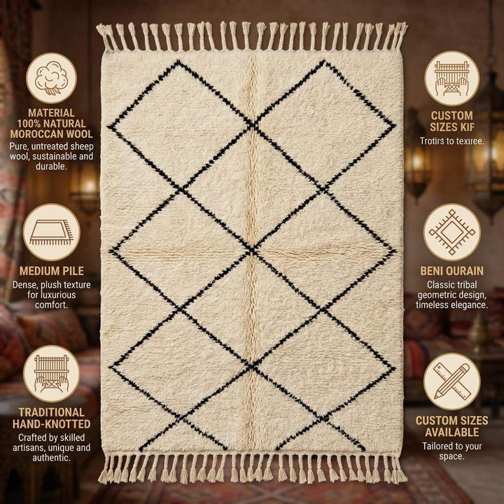 Translation missing: es.Moroccan Diamond Pattern Rug – Neutral Ivory Geometric Boho Rug with Black Lines and Fringe