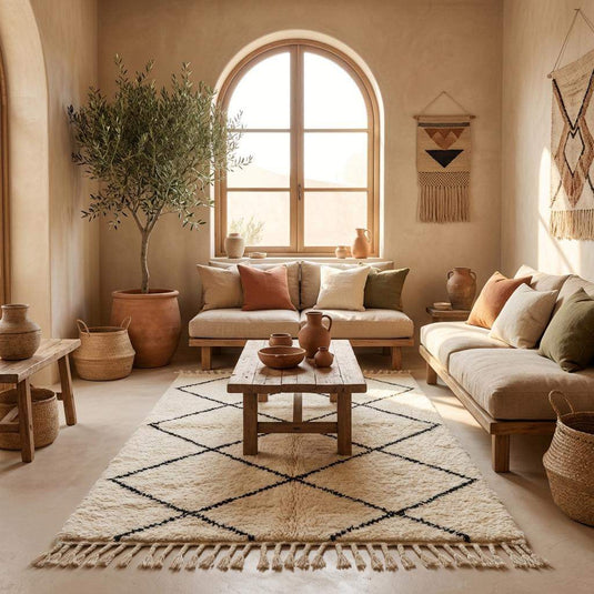 Translation missing: es.Moroccan Diamond Pattern Rug – Neutral Ivory Geometric Boho Rug with Black Lines and Fringe