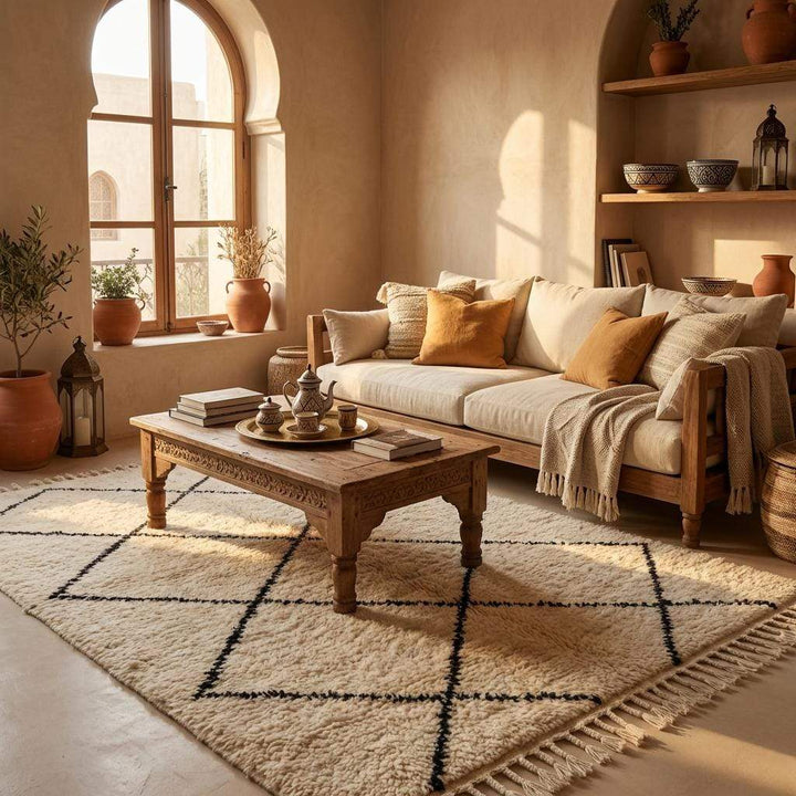 Translation missing: es.Boho minimalist interior featuring neutral Moroccan style rug