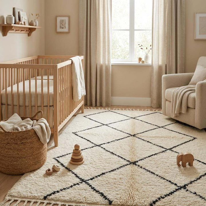 Translation missing: es.Decorative fringe tassels on ivory geometric rug