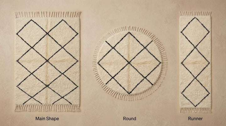 Translation missing: es.Moroccan Diamond Pattern Rug – Neutral Ivory Geometric Boho Rug with Black Lines and Fringe