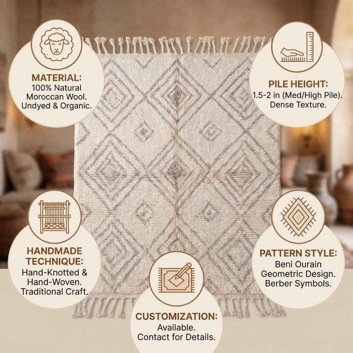 Translation missing: es.Moroccan Diamond Rug – Ivory Geometric Berber Style Rug, Neutral Boho Textured New Zealand Wool Area Rug
