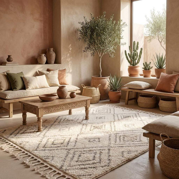 Translation missing: es.Moroccan inspired ivory rug pattern detail with subtle beige lines