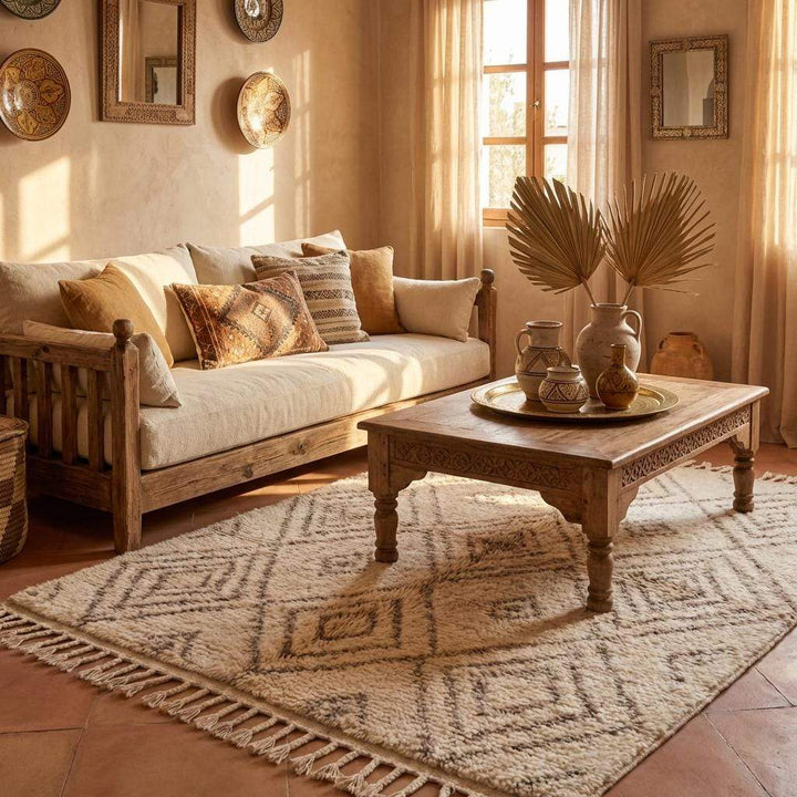 Translation missing: es.Boho neutral area rug styled beside modern chair and plants