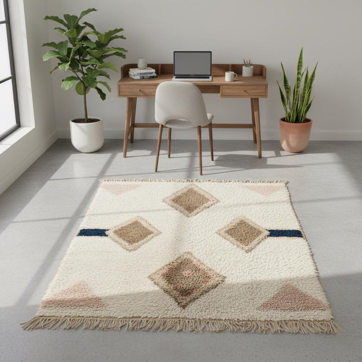 Translation missing: es.Moroccan Diamond Wool Rug, Boho Chic Cream Taupe Navy, 9x12
