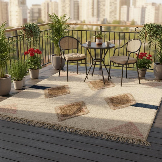 Translation missing: es.Large wool pile area rug in cream, taupe and navy featuring symmetrical diamond motif – modern Moroccan inspired décor