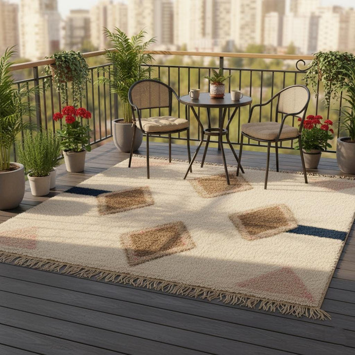 Translation missing: es.Large wool pile area rug in cream, taupe and navy featuring symmetrical diamond motif – modern Moroccan inspired décor