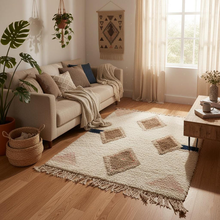 Translation missing: es.Boho chic wool rug for housewarming – cream base with taupe diamond pattern and navy accent stripe