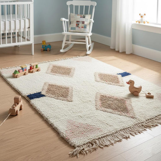 Translation missing: es.Neutral accent rug with global design – wool Moroccan style diamond pattern in cream and taupe with navy highlight