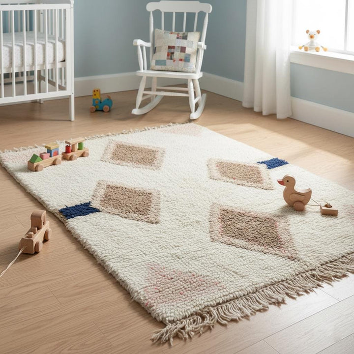 Translation missing: es.Neutral accent rug with global design – wool Moroccan style diamond pattern in cream and taupe with navy highlight