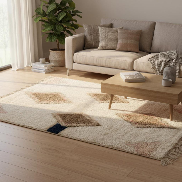 Translation missing: es.Stylish living room area rug, wool pile, symmetrical diamond motif in cream/taupe/navy – home décor staple
