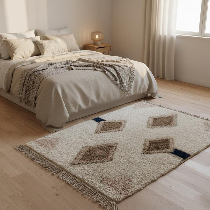 Translation missing: es.Moroccan Diamond Wool Rug, Boho Chic Cream Taupe Navy, 9x12