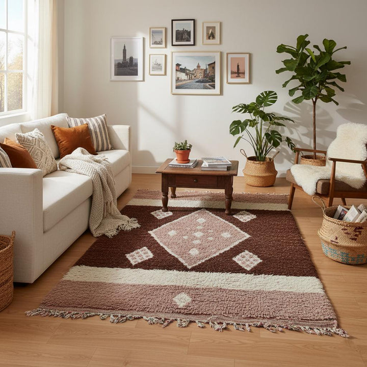 Translation missing: es.Moroccan Diamond Wool Rug – Ivory Beige High-Pile Boho Area Carpet