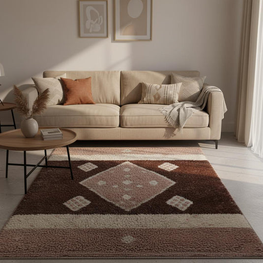 Translation missing: es.Ivory &amp; beige neutral boho accent rug with diamond motif, plush high pile wool finish — ideal for living room, bedroom or home décor gift